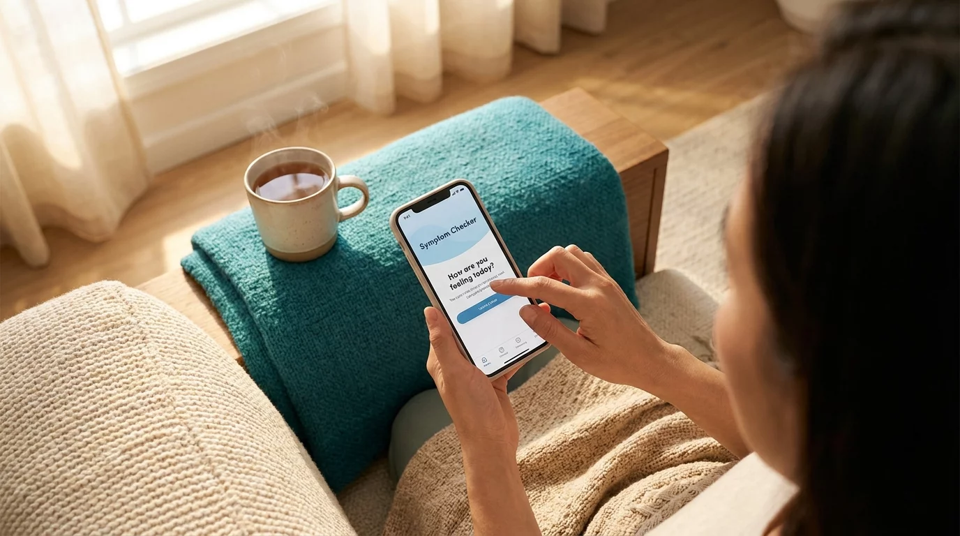 Personne evaluant des symptomes avec telephone en main